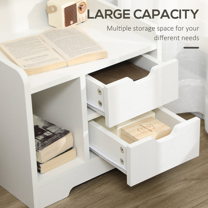 2-Drawer Bedside Table with Storage Shelves - Versatile White Accent Cabinet for Bedroom and Living Room - Space-Saving Small Organizer Side Table