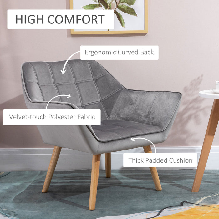 Accent Armchair with Wide Arms and Slanted Back - Padded Grey Seat with Iron Frame and Wooden Legs - Stylish Seating for Home and Bedroom Decor