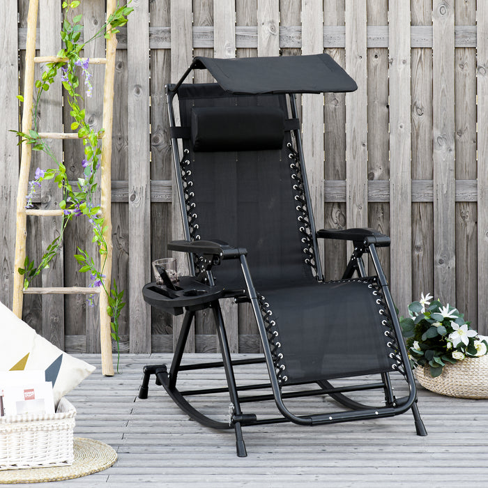 Folding Zero-Gravity Garden Rocking Chair - Outdoor Adjustable Recliner with Headrest and Side Holder, Patio Deck Rocker - Ideal for Relaxation and Sunbathing, Black