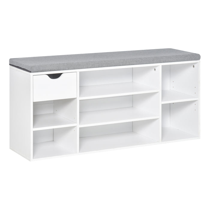 Entryway Shoe Bench with Cushioned Seat - 7-Compartment Storage Cabinet with Drawer & Adjustable Shelves, White and Grey - Ideal for Hallway & Living Room Organization