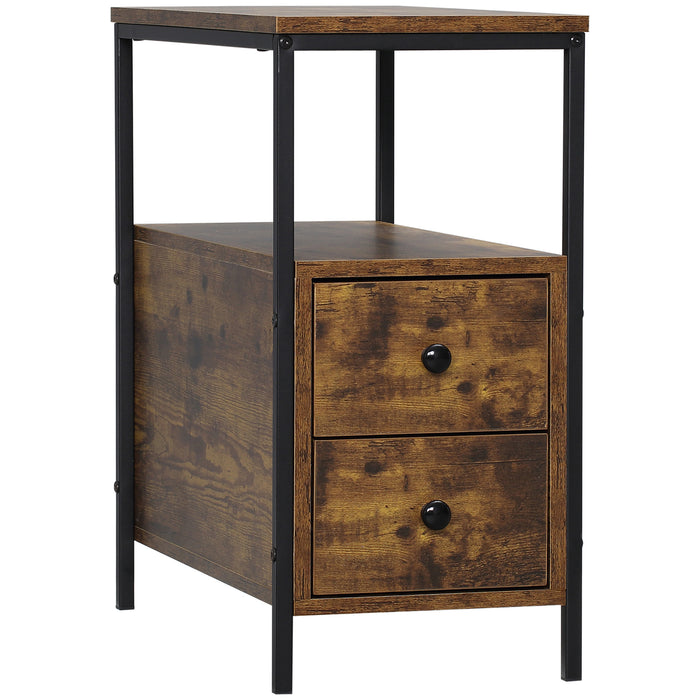 Narrow End Table with Dual Drawers and Lower Shelf - Sturdy Metal Framed Bedside Table in Rustic Brown - Space-Saving Furniture for Small Rooms