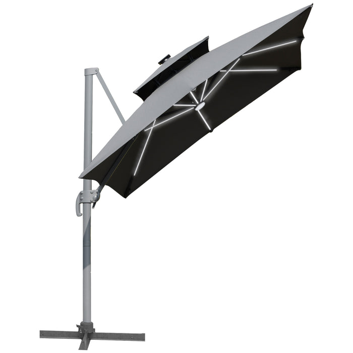 3M Cantilever Parasol - Solar LED Lighted Offset Patio Umbrella with Tilt and Crank, Hanging Sun Shade Canopy, Cross Base - Ideal for Outdoor Relaxation and Nighttime Ambiance