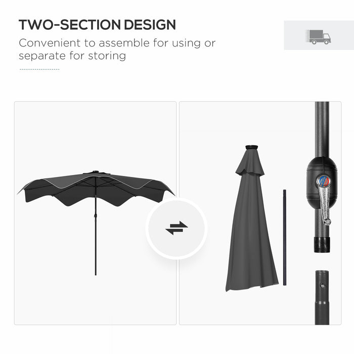 Outdoor Solar LED Patio Umbrella - Market Table Parasol with Tilt and Crank, 3x3m, Dark Grey - Ideal for Enhanced Evening Ambiance and Sun Protection