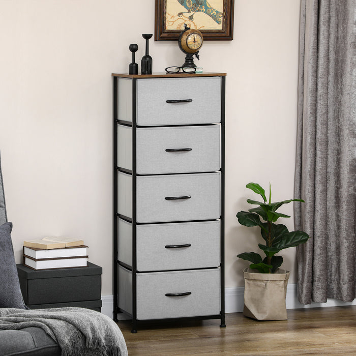 Industrial Bedroom Dresser with 5 Fabric Drawers - Steel Frame and Wooden Top Storage Solution - Ideal for Nursery and Living Room, Grey Color