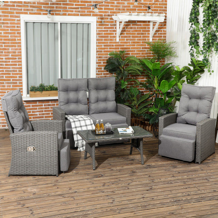 4-Piece Rattan Garden Furniture Set - Outdoor Seating with Wicker Sofa, Reclining Armchair, and Glass Table - Ideal for Yard Entertaining and Relaxation, Seats Up to 4, Grey