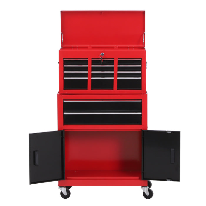 Metal Tool Chest on Wheels with 6 Drawers and Pegboard - Top Chest and Roller Cabinet Combination, 61.6 x 33 x 108cm in Red - Ideal for Workshops and DIY Enthusiasts