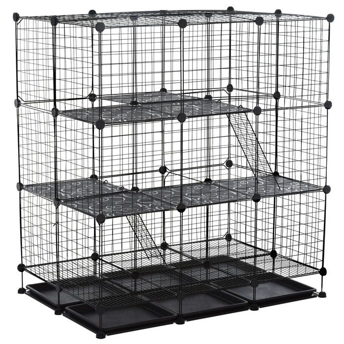 DIY 3-Level Metal Pet Playpen - Guinea Pig, Rabbit, Ferret, Chinchilla Cage with 4 Doors & Bottom Trays - Customizable Small Animal Enclosure for Safe Play and Rest