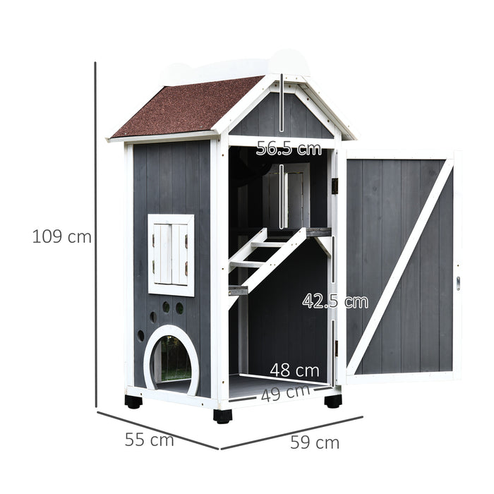 Outdoor Cat Shelter - Weatherproof Wooden 2-Floor Cat House with Condo Cave - Ideal Pet Retreat for Indoor/Outdoor Use, Grey and White