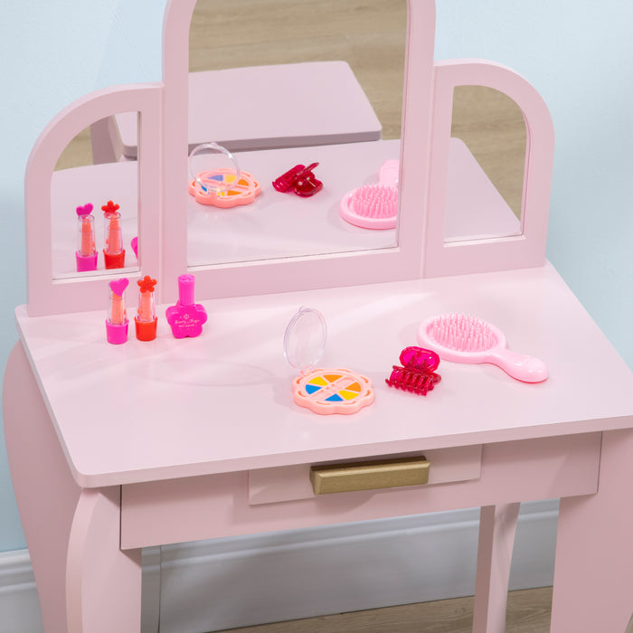 Kids Vanity Set with Stool and Mirror - Dressing Table with Drawer, Girls' Pink Makeup Desk - Perfect for 3-6 Year Old Children's Playtime and Creativity