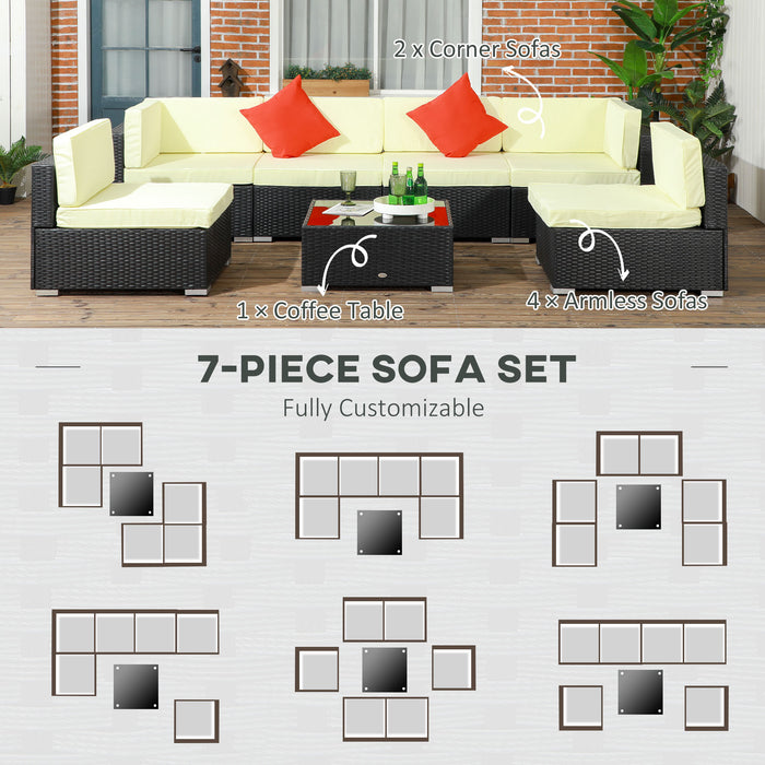 7-Piece PE Rattan Outdoor Furniture Set - Thick Padded Cushions & Glass Coffee Table, Corner Sofa with Pillows - Ideal for Patio and Garden Entertaining