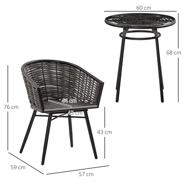 Rattan Bistro Set 2-Seater - Wicker Garden Furniture with Round Table and Cushions, Grey - Ideal for Patio and Balcony Comfort