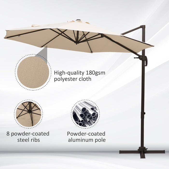 3M Cantilever Banana Parasol Umbrella with Cross Base - Aluminium Frame, 360° Rotation, Hand Crank System in Beige - Ideal for Outdoor Patio Sunshade