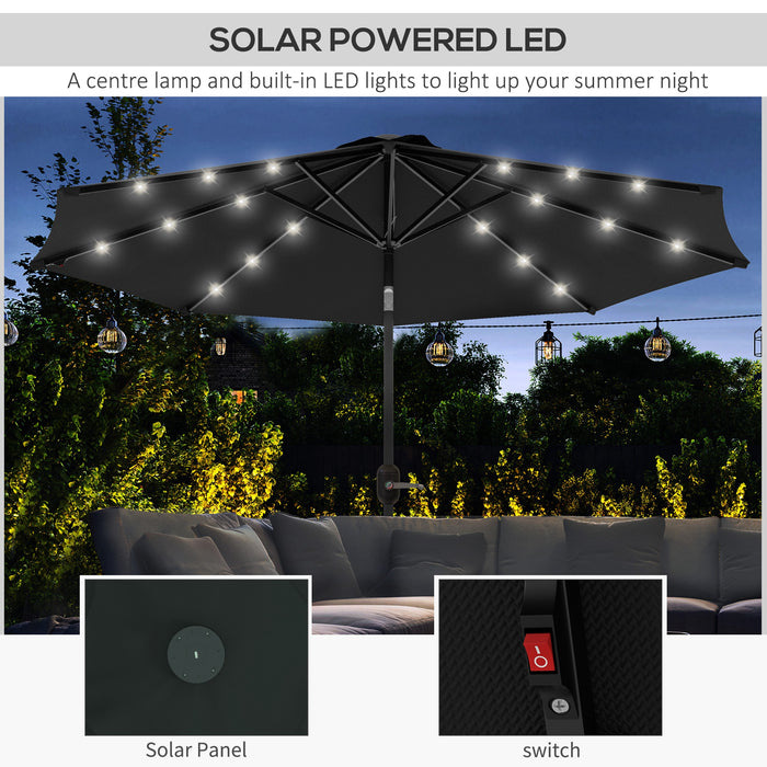 Outdoor Patio Umbrella - 2.7m Garden Parasol with Tilt and Crank Function, 24 LED Lights, in Black - Ideal for Nighttime Ambience & Sun Protection