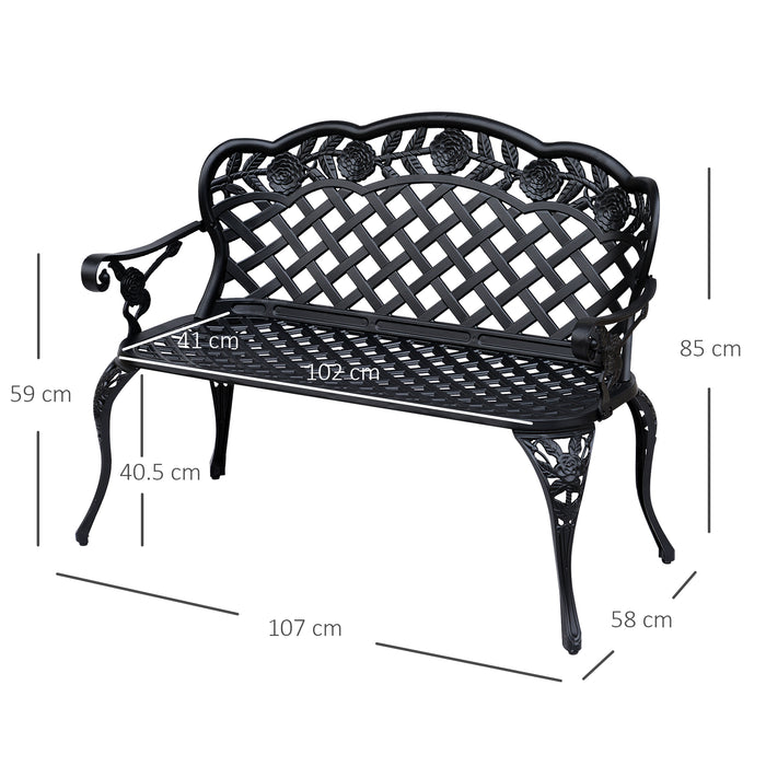 Cast Aluminium Garden Bench - Outdoor 2-Seater Patio Chair with High Back and Armrests in Antique Black - Elegant Seating for Garden and Patio Comfort