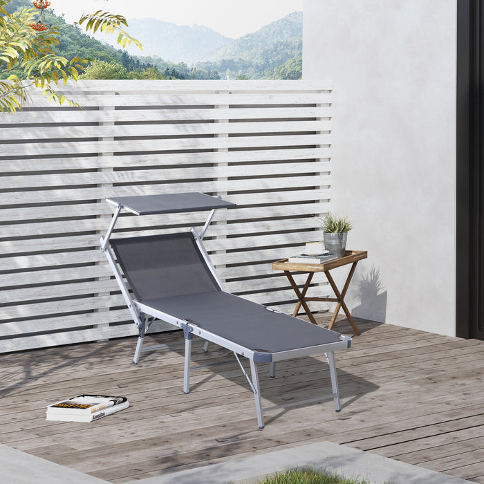 Garden Sun Lounger with Texteline Fabric and Canopy - Adjustable Reclining Chaise Lounge, Aluminum Frame in Grey - Ideal for Outdoor Relaxation and Comfort