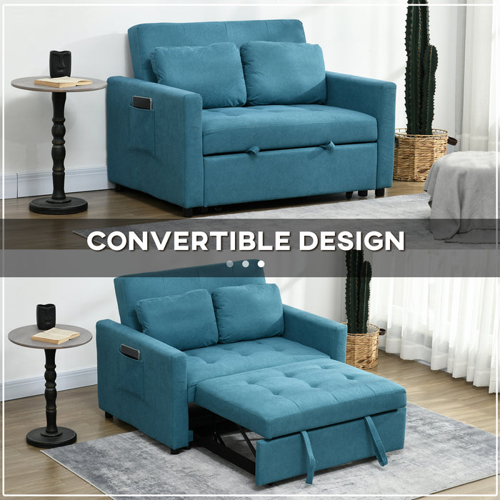 Convertible Loveseat Sofa Bed with Side Pockets - Blue 2-Cushion Settee Sleeper Couch - Space-Saving Furniture for Living Room