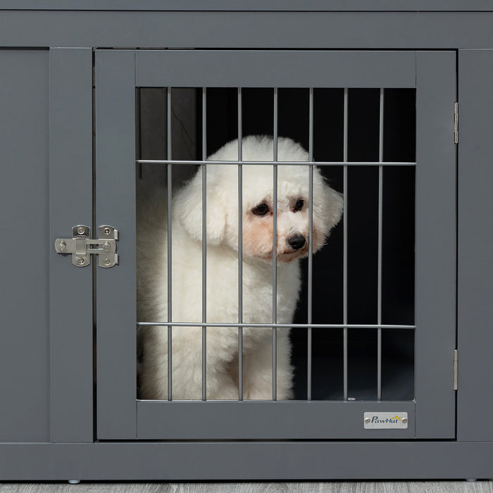 End Table Dog Crate with Style - Indoor Dual-Door Lockable Pet Cage Kennel for Small to Medium Dogs - Decorative Grey Puppy House Blends with Home Decor