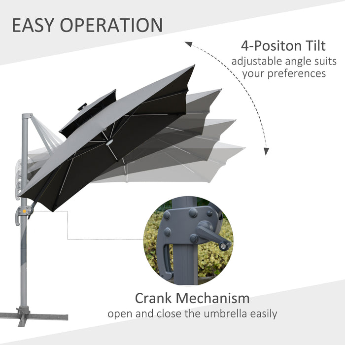 3M Cantilever Parasol - Solar LED Lighted Offset Patio Umbrella with Tilt and Crank, Hanging Sun Shade Canopy, Cross Base - Ideal for Outdoor Relaxation and Nighttime Ambiance