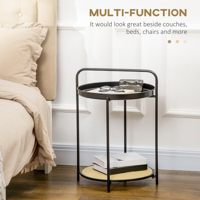 Detachable Tray Top Round Side Table - Steel Framed End Table with Plastic Rattan Shelf - Versatile Accent Furniture for Storage and Display