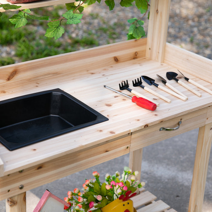 Outdoor Garden Potting Bench - Wooden Work Station with Wheels, Sink, Drawer & Ample Storage - Ideal for Gardeners & Planting Enthusiasts