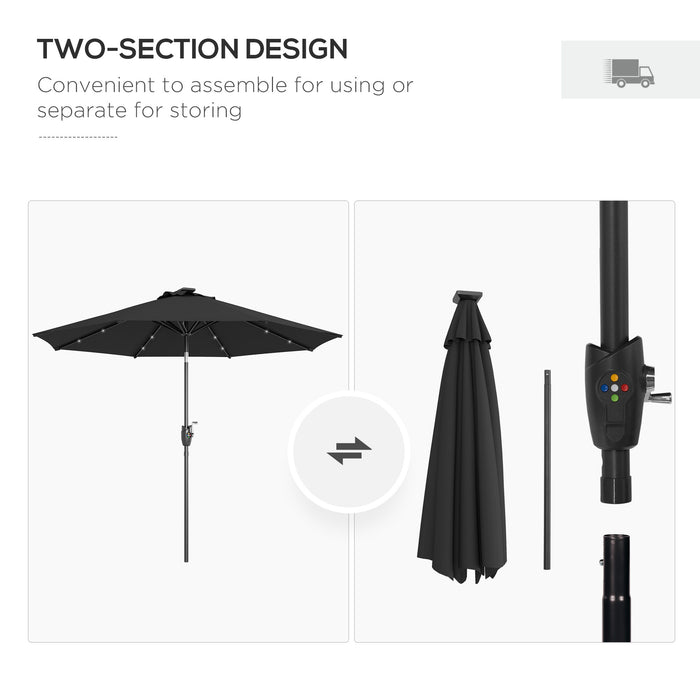 Outdoor Tilt Sun Umbrella with Solar-Powered LED Lights - Φ2.7m Garden Parasol, Hand Crank, 8 Ribs, Patio Sun Shade in Black - Ideal for Nighttime Entertainment & Daytime Relaxation