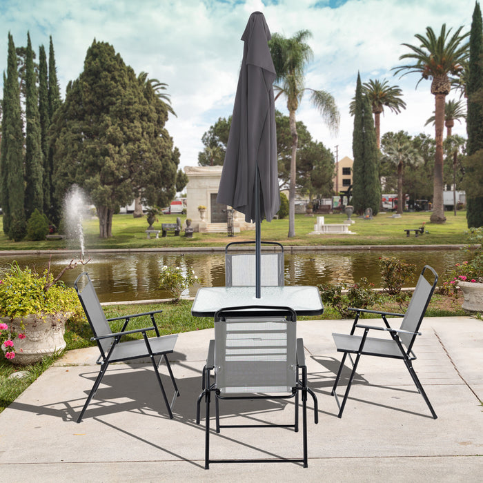 Outdoor 5-Piece Dining Set with Glass Tabletop - Includes 4 Folding Chairs & Texteline Seats, Parasol-Compatible - Perfect for Patio & Garden Entertaining