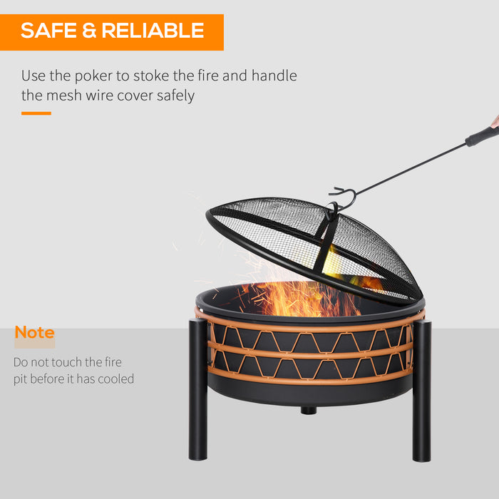 Round Metal Outdoor Fire Pit - Charcoal & Wood Burning Bowl with Screen Cover and Poker - Ideal for BBQ, Patio, and Camping Activities