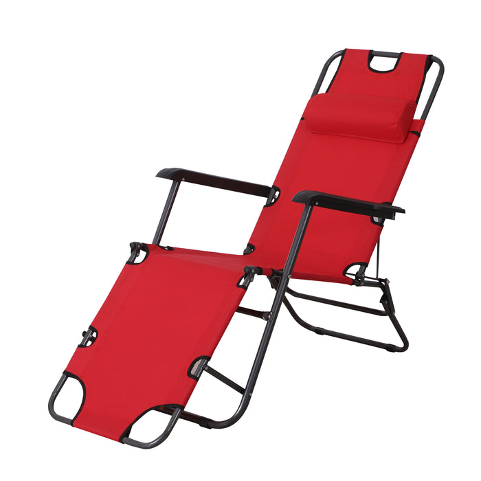 Folding Reclining Sun Lounger with Adjustable Back - 2-in-1 Comfortable Outdoor Chair for Garden and Camping - Includes Pillow, Perfect for Relaxation, Red