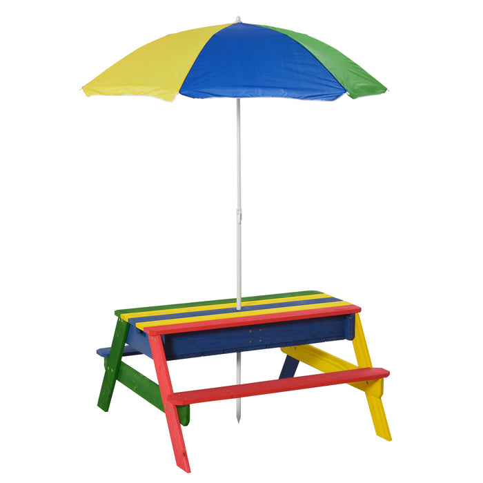 Colorful Kids Picnic Table and Bench Set with Sandbox - Outdoor Wooden Rainbow Furniture with Removable & Height Adjustable Parasol - Perfect for Garden, Patio, Backyard & Beach Playtime