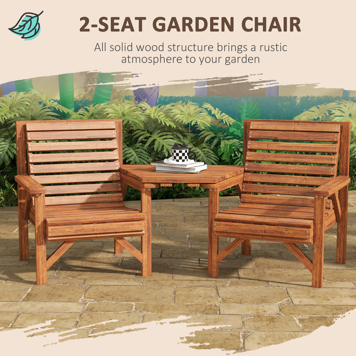 Wooden Garden Companion Chair - Outdoor Love Seat with Built-In Coffee Table and Umbrella Hole, Tan Brown Finish - Ideal for Couples Enjoying Patio Relaxation