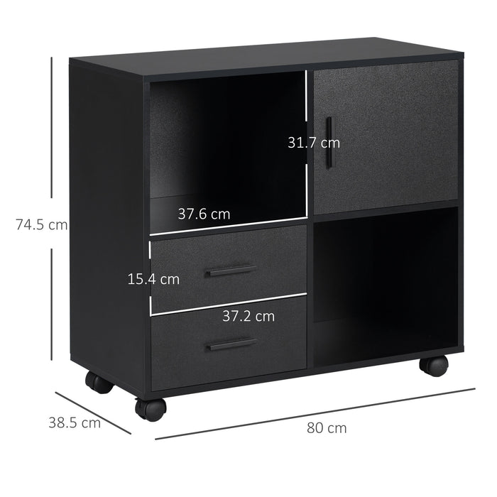 Mobile Printer Stand with Wheels - Open Shelving, Drawers, and Enclosed Storage - Versatile Organization for Home Office Use