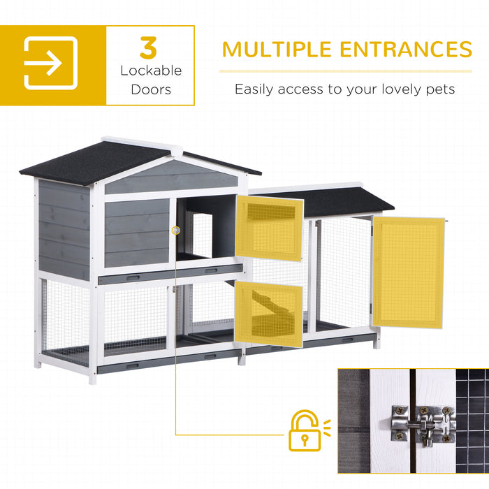 2-Tier Wooden Rabbit Hutch with Ramp - Grey, Pull-Out Tray for Easy Cleaning - Ideal Outdoor Shelter for Pet Rabbits