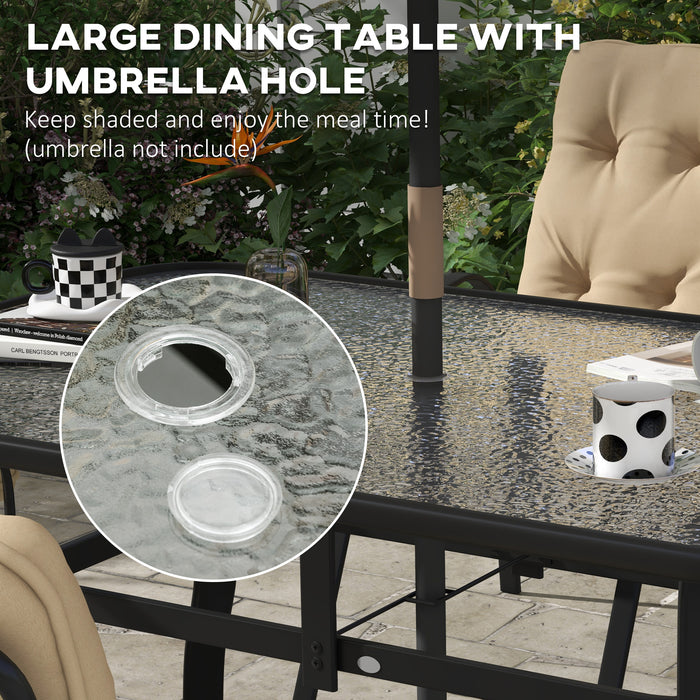 7 Piece Garden Dining Set - Outdoor Table with Tempered Glass Top and Umbrella Hole, 6 Beige Texteline Armchairs with Cushions - Ideal for Patio Entertaining and Family Meals