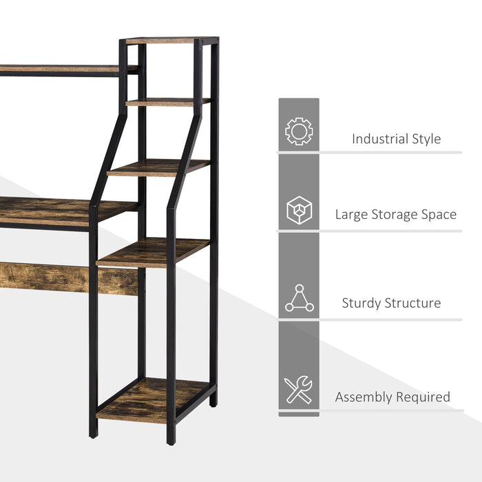 Industrial-Style Computer Desk - Home Office Study Table with 6-Tier Shelves and Rustic Brown Finish - Space-Saving Workstation for Small Areas