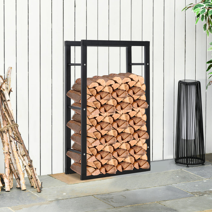 Tall Metal Firewood Rack with Rust-Resistant Coating - Indoor/Outdoor Fireplace Wood Storage Shelf, Black - Ideal for Organized Log Keeping, 60W x 25D x 100H cm