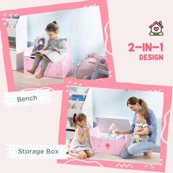 Wooden Toy Box with Safety Pneumatic Rod - Kid-Friendly Storage Bench and Toy Chest with Cute Pink Pattern - Ideal for Organizing Children's Toys and Seating