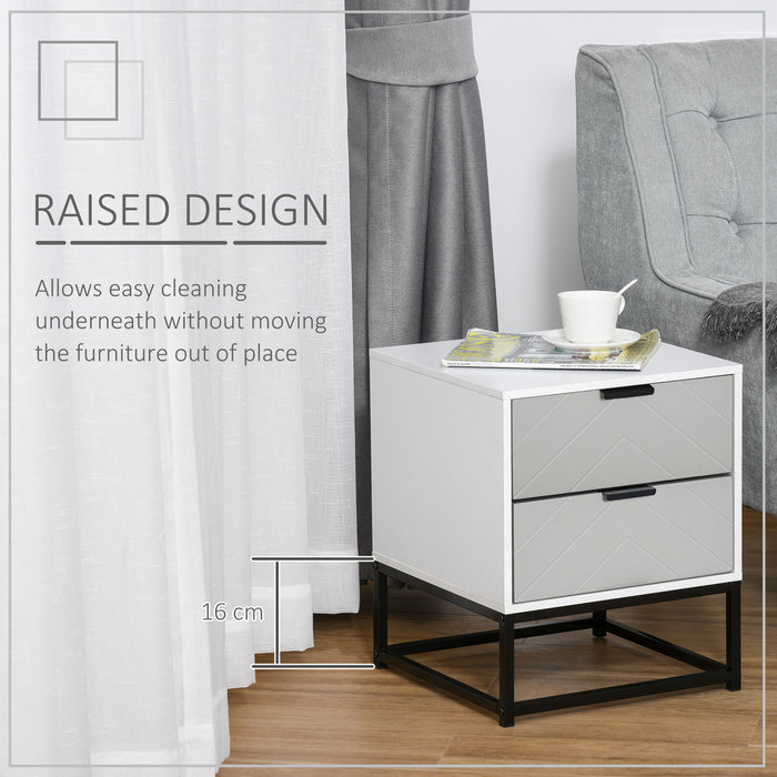 2-Drawer Bedside Cabinet - Unique Shaped Nightstand with Metal Base - Ideal for Bedroom, Living Room, Study Room, or Dorm Use