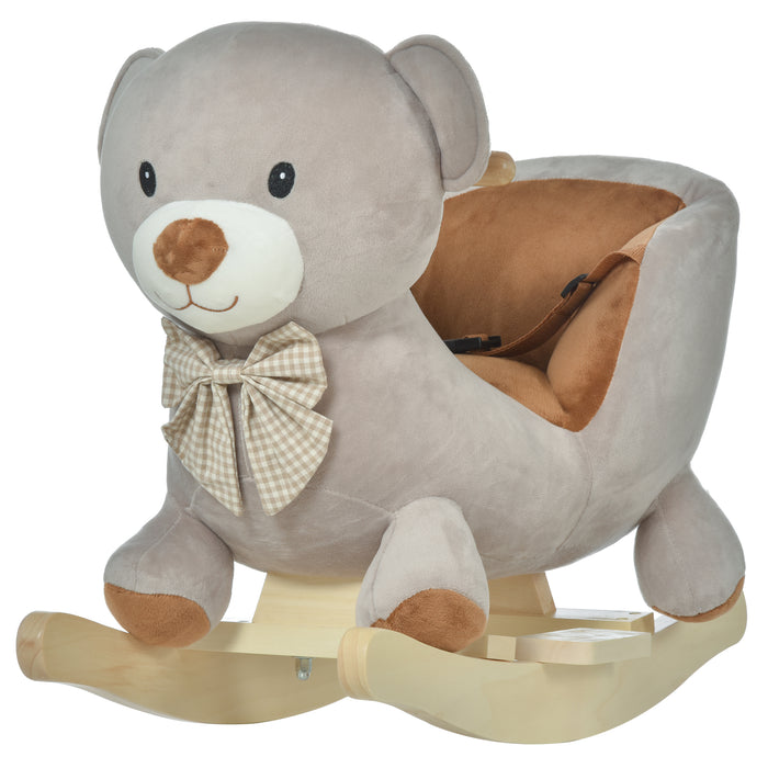 Plush Rocking Bear Toy with Sound for Toddlers - Soft Ride-On Animal with Sturdy Wooden Base and Safety Belt - Entertaining and Safe Baby Rocker for Indoor Play