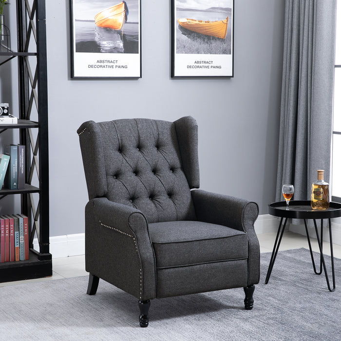 Reclining Wingback Armchair with Button Tufted Back - Dark Grey Living Room Chair with Footrest - Comfortable Lounging for Home Relaxation