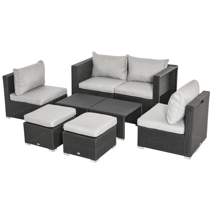 6-Seater Rattan Wicker Garden Sofa Set - Outdoor Furniture Set with Coffee Table & Space-Saving Footstools - Comfortable Seating with Padded Cushions for Patio or Deck