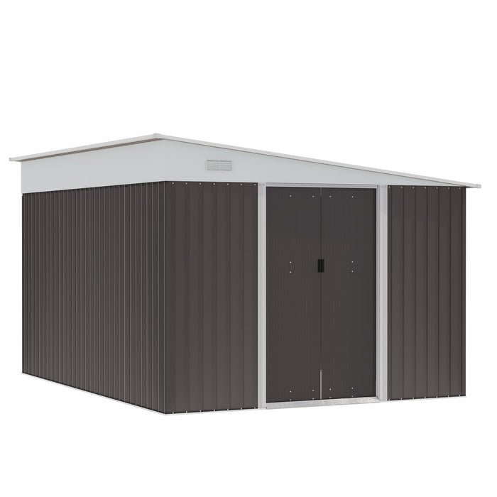 Metal Garden Storage Shed 11x9ft - Sloped Roof, Double Sliding Doors, Dual Air Vents, Grey - Ideal for Outdoor Tools and Equipment Shelter