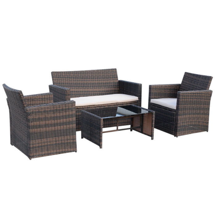 4-Seater Rattan Garden Sofa Set - Outdoor Patio Furniture with Wicker Weave 2-seater Bench, Chairs & Coffee Table - Ideal for Conservatory and Brown Patio Decor