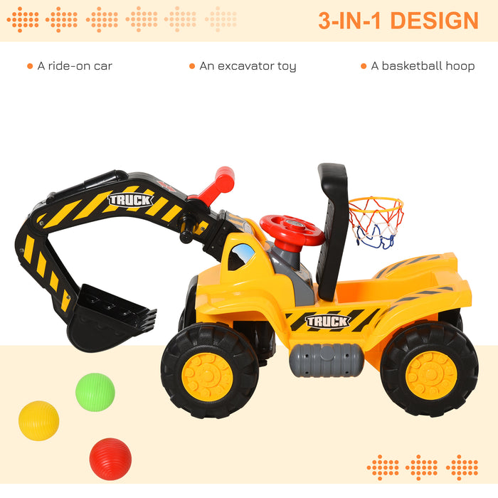 Kids' 4-in-1 HDPE Excavator Ride-On Truck in Yellow & Black - Multifunctional Playtime Vehicle with Scooping Bucket - Ideal for Enhancing Coordination Skills in Young Children