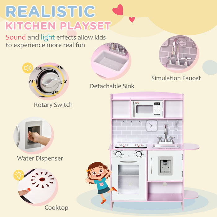 Interactive Wooden Play Kitchen Set - Featuring Lights, Sounds, Water Dispenser, Microwave & Sink - Ideal Gift for Toddlers Aged 3-6, in Playful Pink