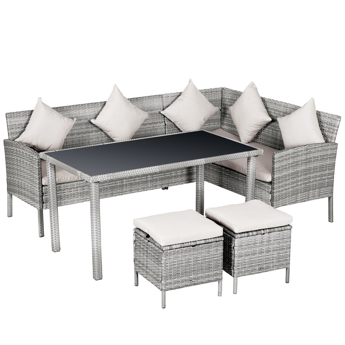 Outdoor Rattan 6-Seat Corner Dining Set - Wicker Sofa, Foot Stool & Dining Table with White Cushions - Ideal for Garden and Patio Entertainment