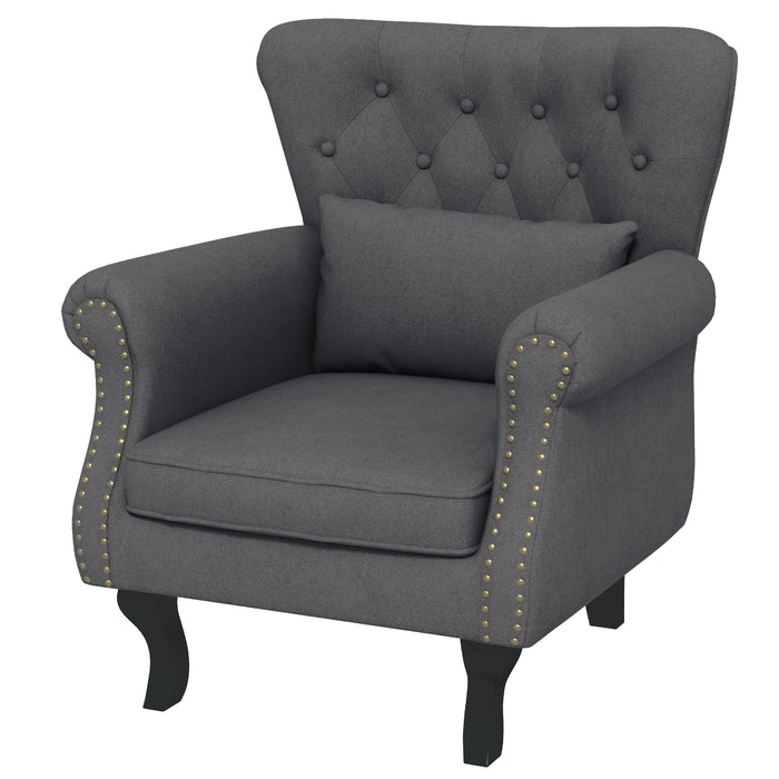 Chesterfield-Style Wingback Chair - Tufted, Nailhead-Trimmed Armchair with Pillow in Dark Grey - Elegant Seating Solution for Living Room and Bedroom