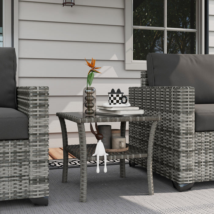 PE Rattan Wicker Coffee Table - 50cm Two-tier Outdoor Side Table with Glass Top - Ideal for Patio, Garden, Balcony in Grey