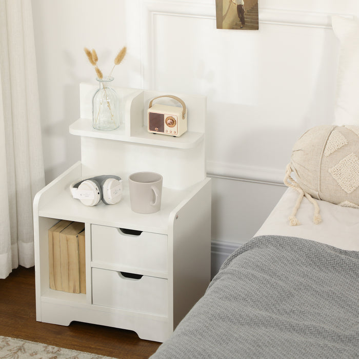 2-Drawer Bedside Table with Storage Shelves - Versatile White Accent Cabinet for Bedroom and Living Room - Space-Saving Small Organizer Side Table