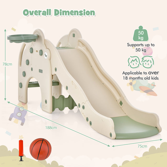 Cute Elephant Kids Play Slide - Incorporating Basketball Hoop, Playful Design - Ideal For Fun and Sports Activity For Children