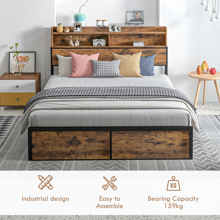 Industrial King Bed Frame - 5.2FT Sturdy Steel Construction with Headboard and Footboard - Rustic Brown with Ample Under-Bed Storage Space for Bedroom Organization